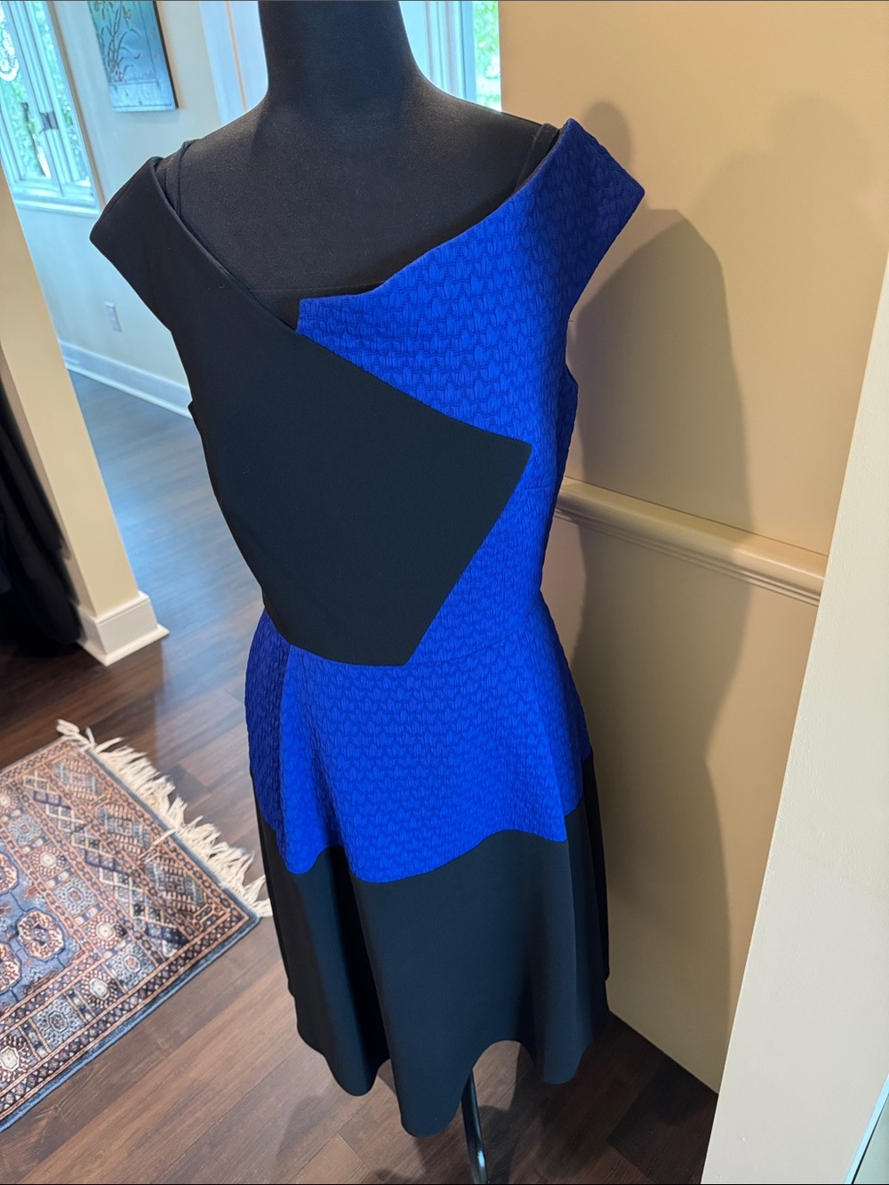 Roland Mouret Black and Royal Blue Asymmetric Midi Dress